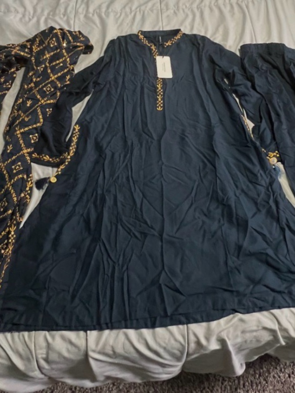 Embroidered Navy Long-Sleeve Women’s Dress with Gold Accent